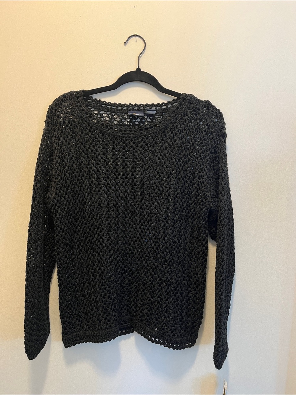 Women's Black Open-Knit Crewneck Sweater